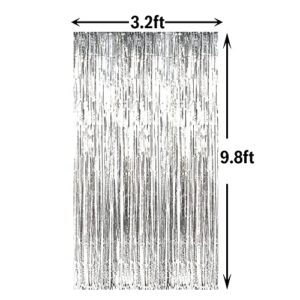 GOER 6.4 ft x 9.8 ft Metallic Tinsel Foil Fringe Curtains,Pack of 2 Party Streamer Backdrop for Birthday,Graduation Decorations and New Year Eve (Silver)