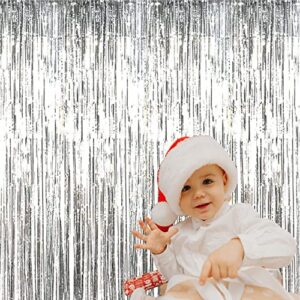 GOER 6.4 ft x 9.8 ft Metallic Tinsel Foil Fringe Curtains,Pack of 2 Party Streamer Backdrop for Birthday,Graduation Decorations and New Year Eve (Silver)