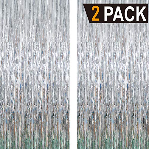 GOER 6.4 ft x 9.8 ft Metallic Tinsel Foil Fringe Curtains,Pack of 2 Party Streamer Backdrop for Birthday,Graduation Decorations and New Year Eve (Silver)