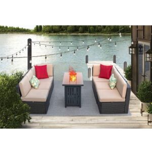 Devoko 7 Pieces Outdoor Patio Furniture Set Sectional Sofa Set with Propane Fire Pit Table and Cushions for Backyard, Bistro and Poolside (Beige)