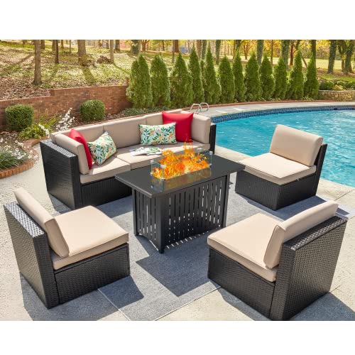 Devoko 7 Pieces Outdoor Patio Furniture Set Sectional Sofa Set with Propane Fire Pit Table and Cushions for Backyard, Bistro and Poolside (Beige)