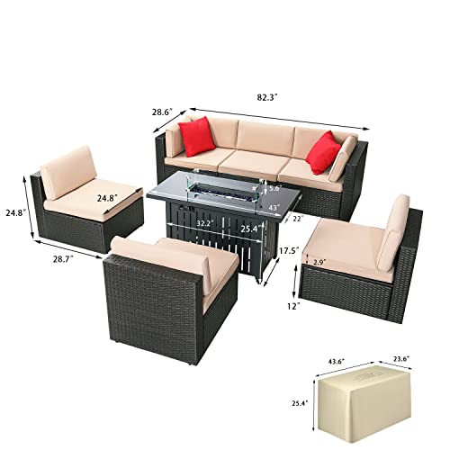 Devoko 7 Pieces Outdoor Patio Furniture Set Sectional Sofa Set with Propane Fire Pit Table and Cushions for Backyard, Bistro and Poolside (Beige)