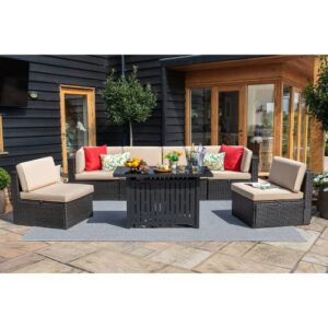 Devoko 7 Pieces Outdoor Patio Furniture Set Sectional Sofa Set with Propane Fire Pit Table and Cushions for Backyard, Bistro and Poolside (Beige)