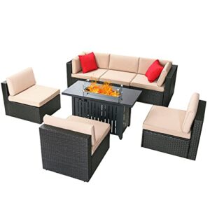 Devoko 7 Pieces Outdoor Patio Furniture Set Sectional Sofa Set with Propane Fire Pit Table and Cushions for Backyard, Bistro and Poolside (Beige)