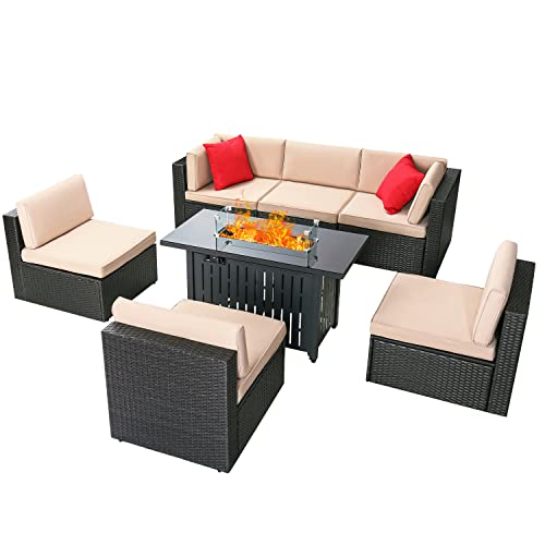 Devoko 7 Pieces Outdoor Patio Furniture Set Sectional Sofa Set with Propane Fire Pit Table and Cushions for Backyard, Bistro and Poolside (Beige)