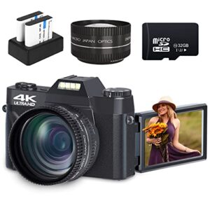 digital cameras for photoggraphy, 4k vlogging camera for youtube with built-in fill light, 16x digital zoom, manual focus, 52mm wide angle lens & macro lens, 32gb tf card and 2 batteries