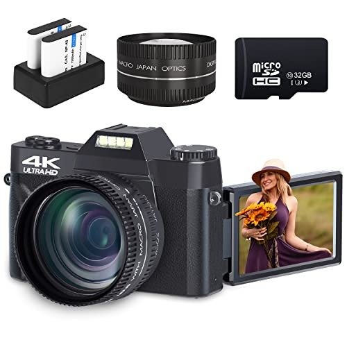 Digital Cameras for Photoggraphy, 4K Vlogging Camera for YouTube with Built-in Fill Light, 16X Digital Zoom, Manual Focus, 52mm Wide Angle Lens & Macro Lens, 32GB TF Card and 2 Batteries