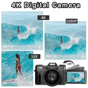 Digital Cameras for Photoggraphy, 4K Vlogging Camera for YouTube with Built-in Fill Light, 16X Digital Zoom, Manual Focus, 52mm Wide Angle Lens & Macro Lens, 32GB TF Card and 2 Batteries