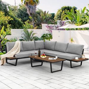 EROMMY 4 Pieces Outdoor Sectional Sofa Set with Coffee Table, 91''×91'' Extra Large L-Shaped Metal Conversation Set with All-Weather Gray Cushion and Built-in Side Table for Patio, Garden, Backyard
