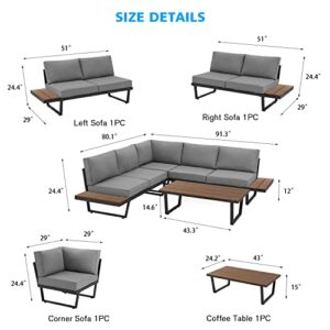 EROMMY 4 Pieces Outdoor Sectional Sofa Set with Coffee Table, 91''×91'' Extra Large L-Shaped Metal Conversation Set with All-Weather Gray Cushion and Built-in Side Table for Patio, Garden, Backyard