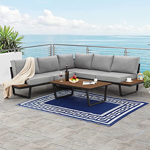 EROMMY 4 Pieces Outdoor Sectional Sofa Set with Coffee Table, 91''×91'' Extra Large L-Shaped Metal Conversation Set with All-Weather Gray Cushion and Built-in Side Table for Patio, Garden, Backyard