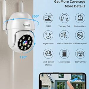 2K Security Camera, PTZ 355°View 3MP Security System 2.4GHZ WiFi Security Cameras Outdoor with Color Night Vision, Motion Detection and Alarm, IP66 Waterproof, 2-Way Talk, 24/7 SD Storage