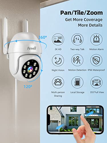 2K Security Camera, PTZ 355°View 3MP Security System 2.4GHZ WiFi Security Cameras Outdoor with Color Night Vision, Motion Detection and Alarm, IP66 Waterproof, 2-Way Talk, 24/7 SD Storage