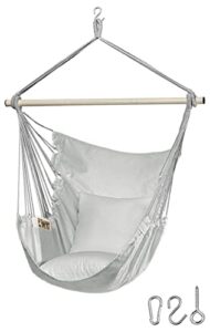 jelofly hammock chair oversized hanging rope swing seat chair with pocket max 350 lbs superior comfortable for indoor outdoor home bedroom garden, seat cushions not included (light grey)