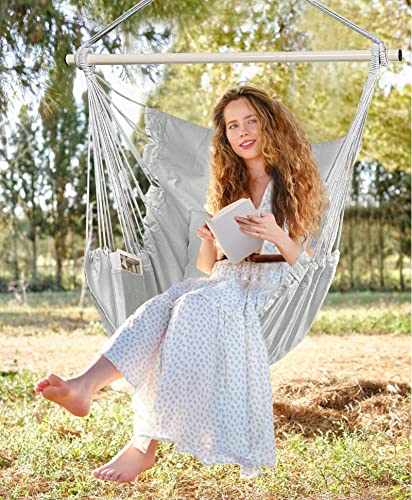 Jelofly Hammock Chair Oversized Hanging Rope Swing Seat Chair with Pocket Max 350 Lbs Superior Comfortable for Indoor Outdoor Home Bedroom Garden, Seat Cushions Not Included (Light Grey)