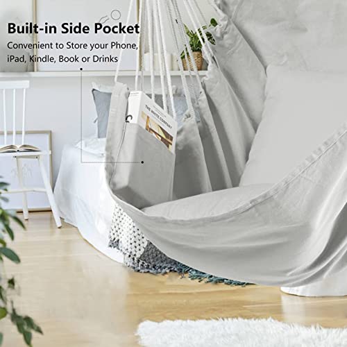 Jelofly Hammock Chair Oversized Hanging Rope Swing Seat Chair with Pocket Max 350 Lbs Superior Comfortable for Indoor Outdoor Home Bedroom Garden, Seat Cushions Not Included (Light Grey)