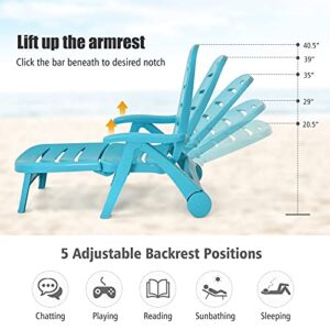 Giantex Patio Chaise Lounge Recliner on Wheels, Folding Deck Chair with Armrests, 5 Adjustable Positions for Poolside, Yard, Garden Rolling Outdoor Lounger Sunbathing Beach Chair(2, Turquoise)