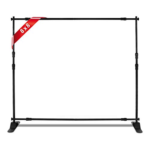 Photo Backdrop Stand - Heavy Duty Banner Holder Adjustable Photography Poster Stand - Height Up to 8x8 ft Back Drop Stand for Trade Show, Photo Booth, Parties, Wedding, Birthday, Photoshoot Background