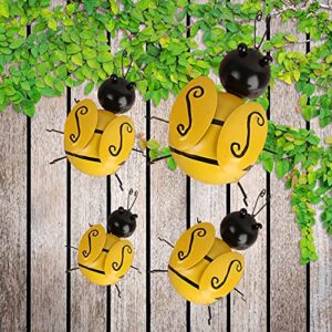 【4 pack】metal wall art bee, metal bumble bee wall décor, 3d iron bee art sculpture hanging wall decorations for outdoor home garden patio yard lawn fence