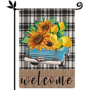 yovoyoa hello summer sunflowers lemon garden flag for outside, summer truck welcome yard flag, hello sunshine 12.5 x 18 inch double sided plaid flag for farmhouse patio lawn yard outdoor decor