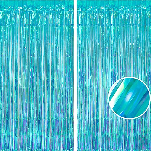 BRAVESHINE Party Decorations Iridescent Foil Fringe Backdrops - 2 Pack 3.2 x 6.5 ft Metallic Tinsel Photo Booth Pros Streamer Curtains for Birthday Wedding Graduation Christmas Holiday - Clear Blue