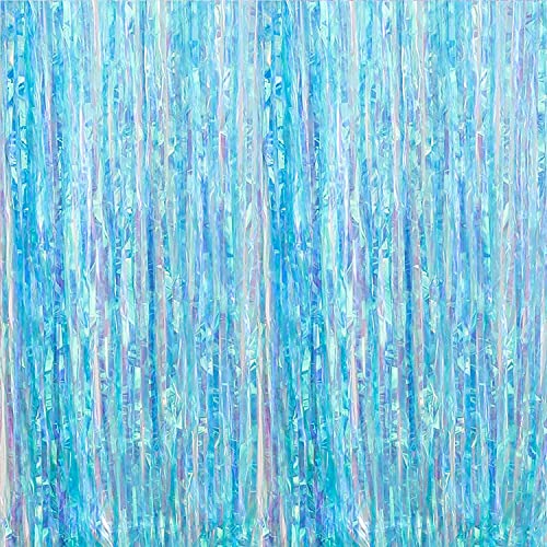 BRAVESHINE Party Decorations Iridescent Foil Fringe Backdrops - 2 Pack 3.2 x 6.5 ft Metallic Tinsel Photo Booth Pros Streamer Curtains for Birthday Wedding Graduation Christmas Holiday - Clear Blue