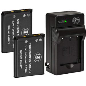 bm 2 en-el19 batteries and charger for nikon coolpix a300, w100, w150, s33, s100, s3100, s3200, s3300, s3500, s3600, s3700, s4100, s4200, s4300, s5200, s5300, s6400, s6500, s6800, s6900, s7000 cameras