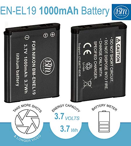 BM 2 EN-EL19 Batteries and Charger for Nikon Coolpix A300, W100, W150, S33, S100, S3100, S3200, S3300, S3500, S3600, S3700, S4100, S4200, S4300, S5200, S5300, S6400, S6500, S6800, S6900, S7000 Cameras