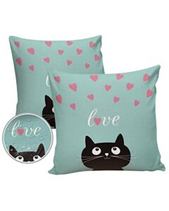 outdoor waterproof pillow covers for patio furniture lovely cat and heart decorative throw pillow cover cartoon heart design pattern pillowcases set of 2 cushion case for sofa couch chair 16×16 in