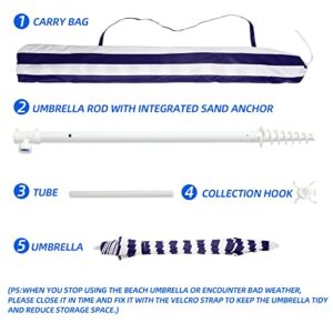 MEWAY 6.5ft Beach Umbrella with Sand Anchor & Tilt Mechanism, Portable UV 50+ Protection, Outdoor Sunshade Umbrella with Carry Bag, for Garden Beach Outdoor