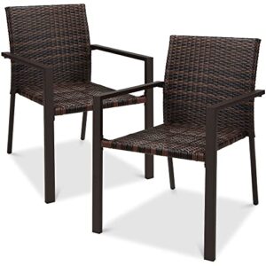 best choice products set of 2 stackable outdoor wicker dining chairs all-weather firepit armchair w/armrests, steel frame for patio, deck, garden, yard – brown