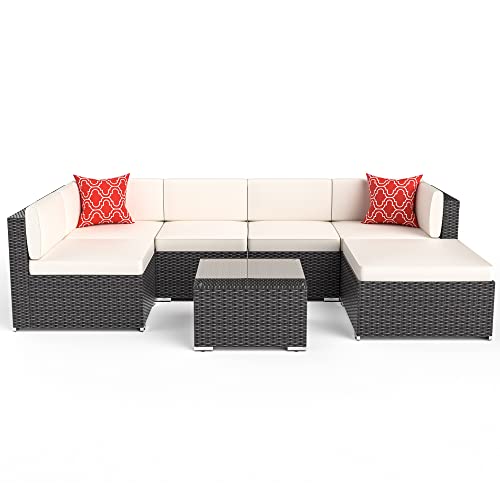 GOJOOASIS Outdoor Furniture Patio Sets Sectional Sofa Set Wicker Couch with Cushion (7pcs Patio Furniture Set, Beige)