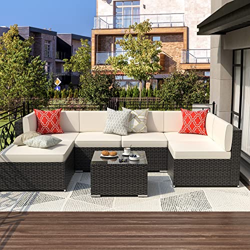 GOJOOASIS Outdoor Furniture Patio Sets Sectional Sofa Set Wicker Couch with Cushion (7pcs Patio Furniture Set, Beige)