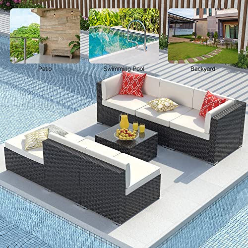 GOJOOASIS Outdoor Furniture Patio Sets Sectional Sofa Set Wicker Couch with Cushion (7pcs Patio Furniture Set, Beige)