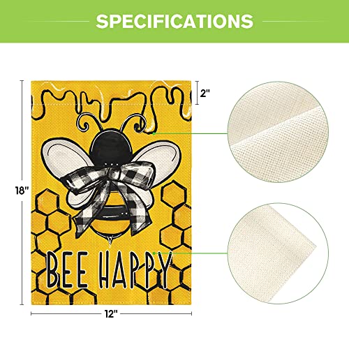 AVOIN colorlife Bee Happy Summer Honey Garden Flag 12x18 Inch Double Sided Outside, Burlap Seasonal Yard Outdoor Decoration