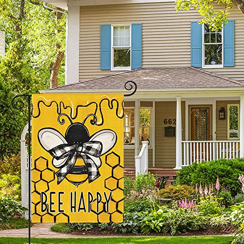 AVOIN colorlife Bee Happy Summer Honey Garden Flag 12x18 Inch Double Sided Outside, Burlap Seasonal Yard Outdoor Decoration