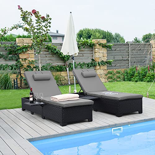 Outdoor PE Wicker Chaise Lounge for Outside - 2 Piece Patio Furniture Set Black Rattan Reclining Chair Beach Pool Adjustable Backrest Sunbathing Recliners with Gray Cushions