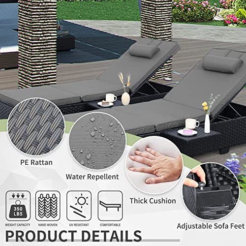 Outdoor PE Wicker Chaise Lounge for Outside - 2 Piece Patio Furniture Set Black Rattan Reclining Chair Beach Pool Adjustable Backrest Sunbathing Recliners with Gray Cushions