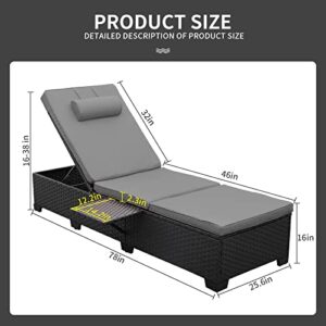 Outdoor PE Wicker Chaise Lounge for Outside - 2 Piece Patio Furniture Set Black Rattan Reclining Chair Beach Pool Adjustable Backrest Sunbathing Recliners with Gray Cushions