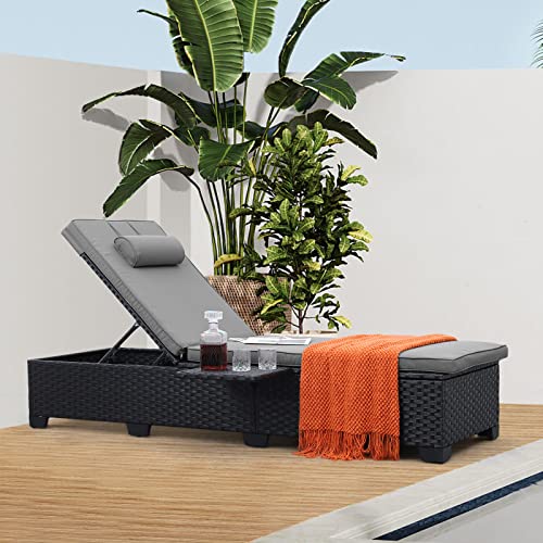 Outdoor PE Wicker Chaise Lounge for Outside - 2 Piece Patio Furniture Set Black Rattan Reclining Chair Beach Pool Adjustable Backrest Sunbathing Recliners with Gray Cushions