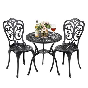 nuu garden 3 piece outdoor bistro table set, all weather aluminum table and chairs with umbrella hole for yard, balcony, black