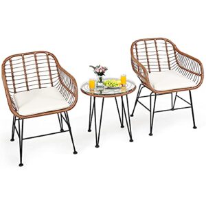 tangkula 3 pieces patio conversation bistro set, outdoor wicker furniture w/round tempered glass top table & 2 rattan armchairs, bistro chat set w/seat cushions for porch, backyard, garden (white)