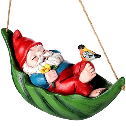 Spring Garden Gnomes Outdoor Decorations for Yard Hanging Gnomes Statues Swinging Leaf Hammock Gnomes with Little Bird Resin Gnomes Figurines Decor for Outside Patio Yard Lawn Tree Ornaments