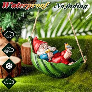 Spring Garden Gnomes Outdoor Decorations for Yard Hanging Gnomes Statues Swinging Leaf Hammock Gnomes with Little Bird Resin Gnomes Figurines Decor for Outside Patio Yard Lawn Tree Ornaments