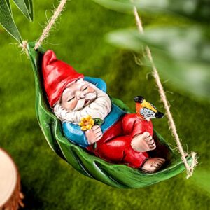 Spring Garden Gnomes Outdoor Decorations for Yard Hanging Gnomes Statues Swinging Leaf Hammock Gnomes with Little Bird Resin Gnomes Figurines Decor for Outside Patio Yard Lawn Tree Ornaments