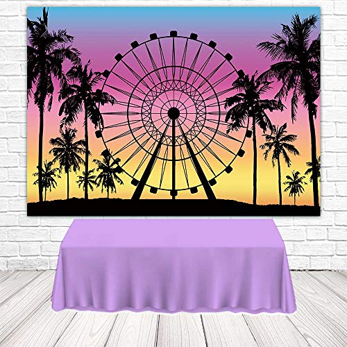 Funnytree 7x5FT Summer Seaside Ferris Wheel Photography Backdrop Palm Tree Sunset Background Baby Shower Tropical Wedding Party Decoration Banner Supplies Photobooth Prop