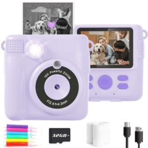 anchioo instant print camera toys for toddlers age 3-8,boys and girls birthday gifts with 1080p hd video recording,kids selfie digital camera electronic travel game with photo paper 6 color pen,purple