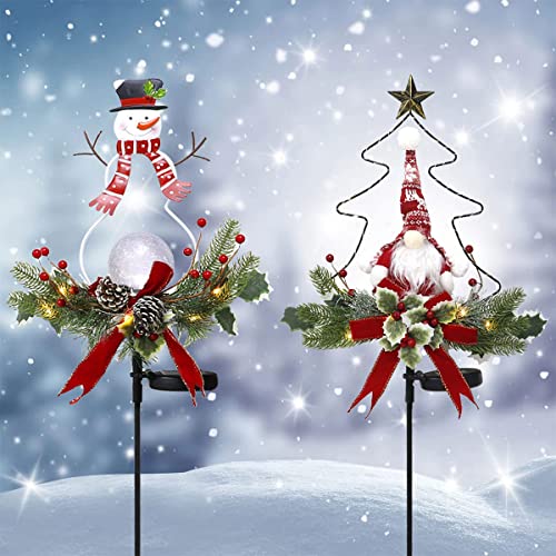 QMKGEC Outdoor Christmas Decorations, Xmas Solar Lights 2 pcs, Snowman LED Lights Butterflies Decor Light Waterproof for Yard Lawn Garden Decor