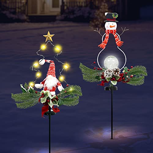 QMKGEC Outdoor Christmas Decorations, Xmas Solar Lights 2 pcs, Snowman LED Lights Butterflies Decor Light Waterproof for Yard Lawn Garden Decor