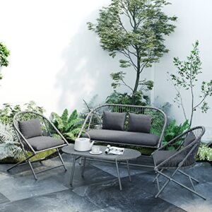 Brafab 4-Piece All-Weather Wicker Patio Furniture Set, Outdoor Furniture with Olefin Cushions, Patio Conversation Sets with Steel Frame, for Backyard Porch Deck Garden Balcony Poolside, Dark Grey